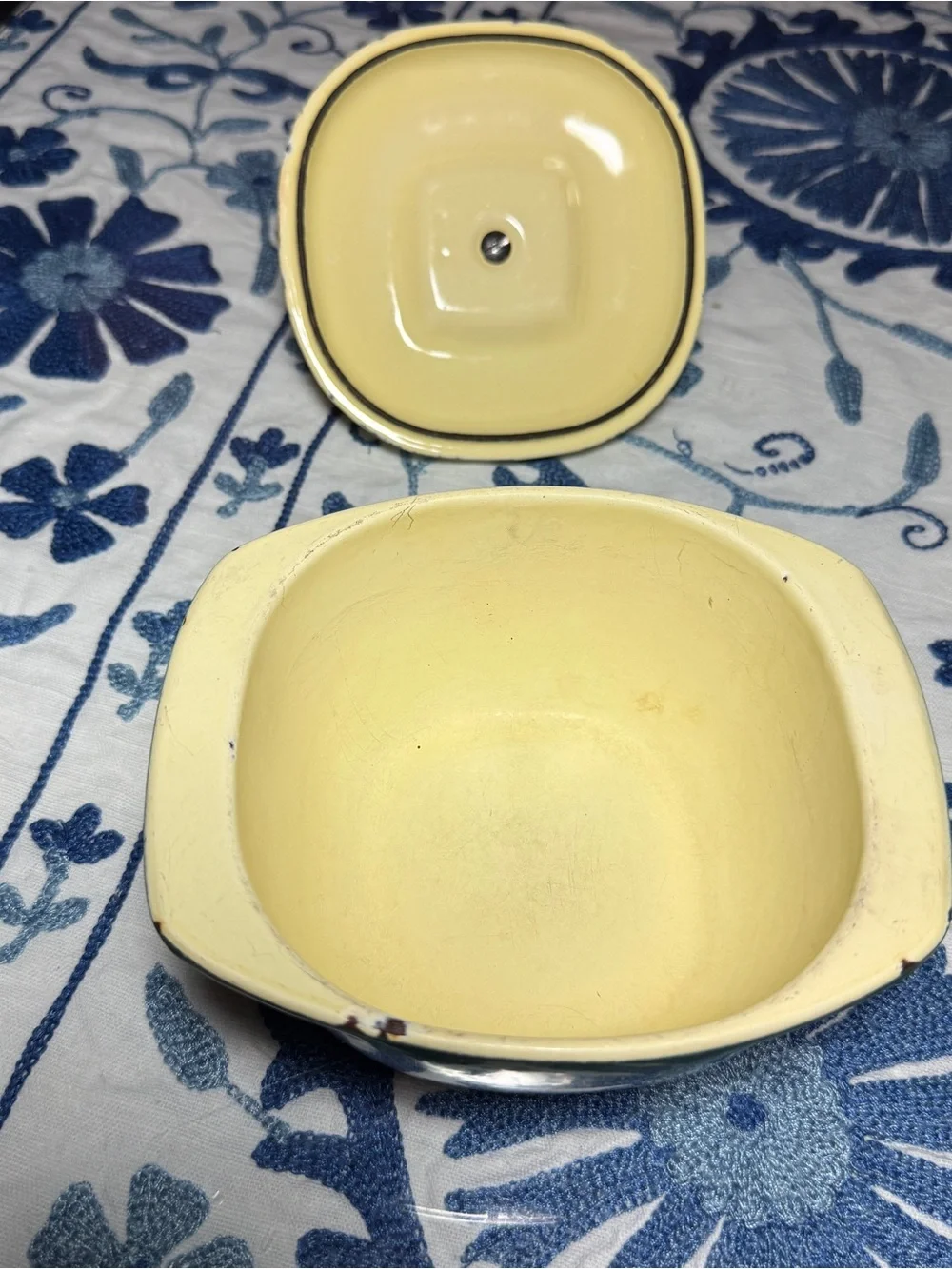 Vintage Cameron Clay Covered Casserole Bake Oven USA Green & Yellow 1 Qt Packers